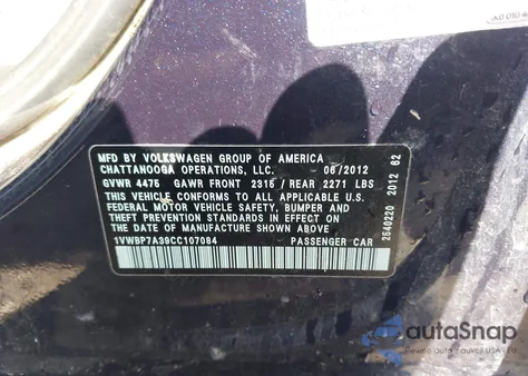 2012 Volkswagen Passat Se from USA, damaged, VIN 1VWBP7A39CC107084